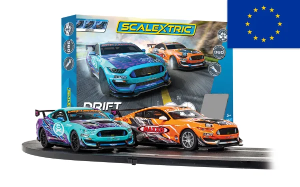 Scalextric Drift 360 Race Set - Euro 2 pin plug <p>It's the battle of the Mustangs with the Scalextric Drift 360 Race Set! Bring home the wheel-screeching intensity and rush of speed of these cars today! Including: 1 x Extreme Ford Mustang GT4