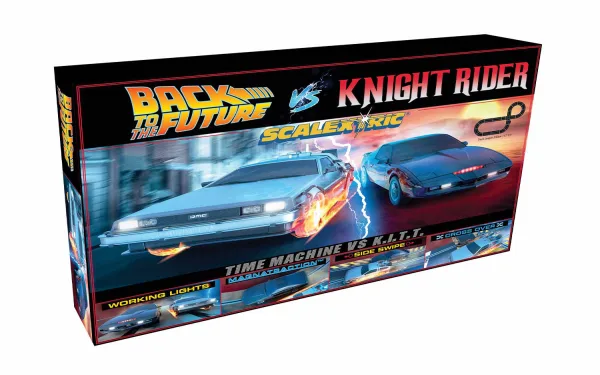 Scalextric 1980s TV - Back to the Future vs Knight Rider Race Set <p>Two of the most iconic film cars ever go head-to-head in this brand-new set from Scalextric! Will you be Michael Knight in K.T.T.? Or Doc or Marty McFly in the Back to the Future Time Machine? Whether you are doing 88MPH or chasing down bad guys