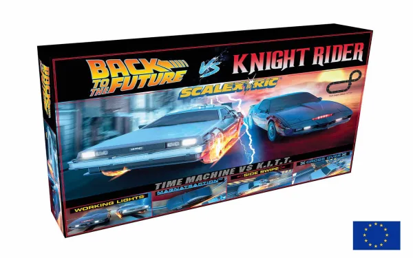 Scalextric 1980s TV - Back to the Future vs Knight Rider Race Set - EU Plug <p>Two of the most iconic film cars ever go head-to-head in this brand-new set from Scalextric! Will you be Michael Knight in K.T.T.? Or Doc or Marty McFly in the Back to the Future Time Machine? Whether you are doing 88MPH or chasing down bad guys