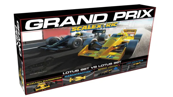 Scalextric 1980s Grand Prix Race Set <p>Two iconic Lotus Formula One cars of the 1980s go head-to-head in this fantastic new retro set from Scalextric! The sleek black Lotus 98T of the world-famous Ayrton Senna goes head-to-head with his amazing yellow 99T as they fight for position around the circuit