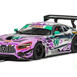 Mercedes AMG GT3 P1 Motorsports Daytona 2018 This is probably the wildest livery out there for the AMG GT3! The chrome and pink beast is certainly far from subtle on both the tarmac and the Scalextric track. Bring yours home today and show the other racing competitors you mean business with the AMG GT3!