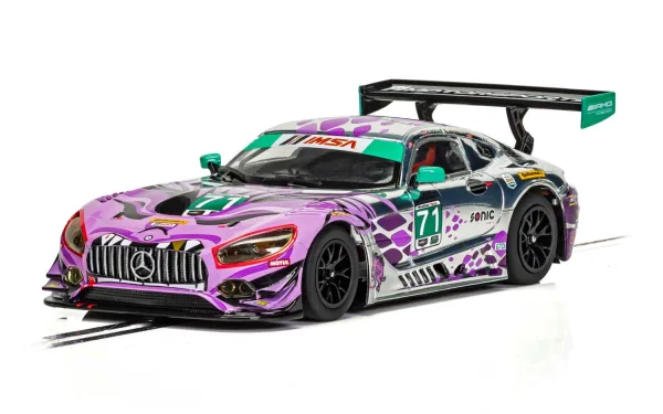 Mercedes AMG GT3 P1 Motorsports Daytona 2018 This is probably the wildest livery out there for the AMG GT3! The chrome and pink beast is certainly far from subtle on both the tarmac and the Scalextric track. Bring yours home today and show the other racing competitors you mean business with the AMG GT3!