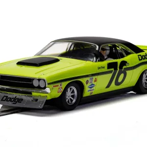 Dodge Challenger - Sam Posey No.76 The famous bright green Dodge Challengers were a force to be reckoned with during the 1970 Trans Am series. This number 77 car driven by Sam Posey was often right at the sharp end of the field