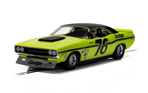 Dodge Challenger - Sam Posey No.76 The famous bright green Dodge Challengers were a force to be reckoned with during the 1970 Trans Am series. This number 77 car driven by Sam Posey was often right at the sharp end of the field