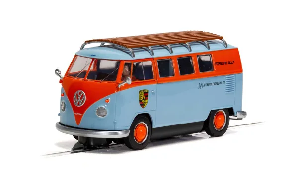 VW T1b Microbus - ROFGO Gulf Collection - JW Automotive As well as racing cars the famous blue and orange of Gulf also adorned the support machines of John Wyer Automotive. The VW Microbus featured here was used to transport both crew and spares for the Porsches that the team ran. A fine companion to our earlier VW Gulf Edition Camper Van this T1b now belongs to the excellent ROFGO collection of Gulf vehicles. And now you too can have some Gulf racing support on your Scalextric layout.