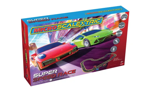 Micro Scalextric Super Speed Race Set - Lamborghini vs Porsche - Battery Powered Set <p>The chase is on in this Micro Scalextric Super Speed Race Set. Who will win – the red Porsche 911 Turbo or the vibrant green Lamboghini Huracán EVO? This set contains everything you need to race Scalextric