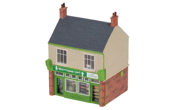 Bottoms Up! Off Licence Add a splash of colour to your railway collection with the Hornby off license model. From the eye-catching green paintwork and brickwork to the inner detailing from outside