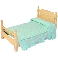 Bare Wood Single Bed with Turquoise Bedding for 12th Scale Dolls House