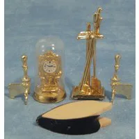 Fireplace Tools and Clock in Brass Effect for 12th Scale Dolls House