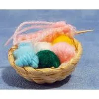 Knitting Basket with Wool and Needles in Basket for 12th Scale Dolls House