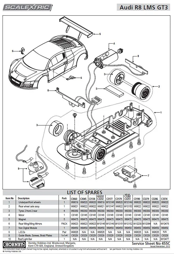 Audi R8 Underpan (C3060) The Audi R8 Underpan (C3060) is compatible with the Scalextric Audi R8 racing model.