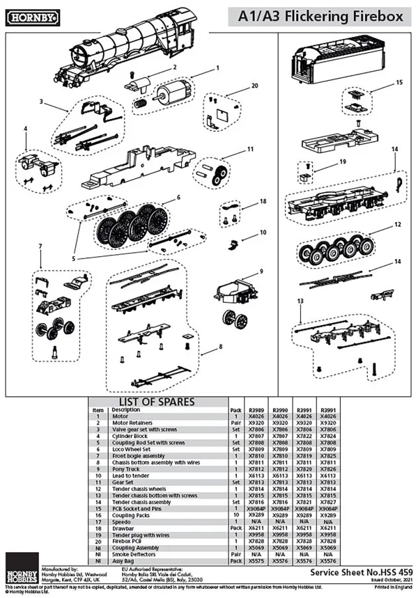 A1/A3 Flickering firebox Valve gear set with screws Compatible with R3989