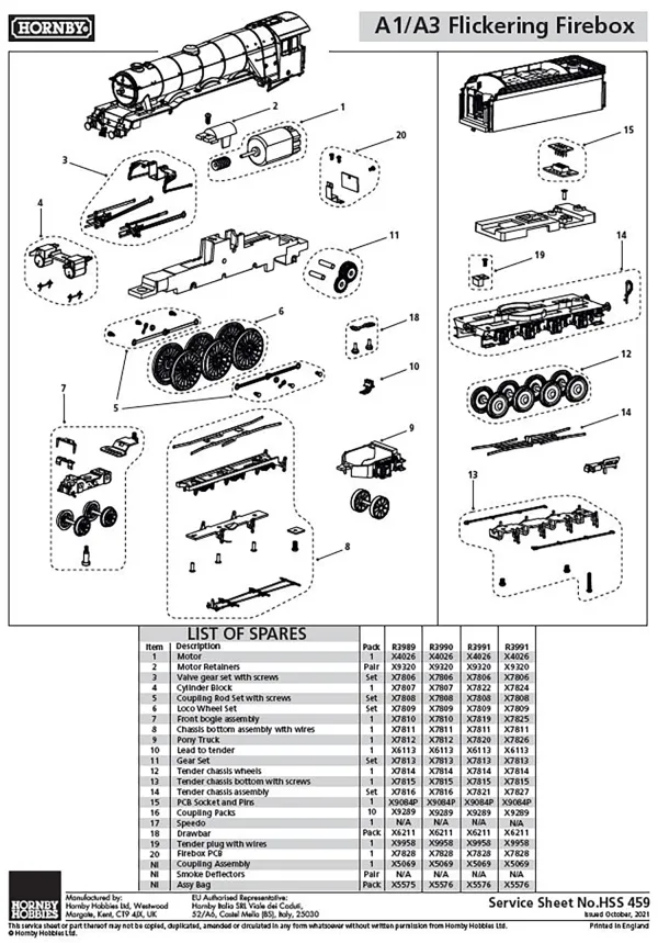 A1/A3 Flickering firebox Tender chassis bottom with screws Compatible with R3989