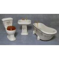 Blue Floral Bathroom Suite Set with Gold Fittings for 12th Scale Dolls House